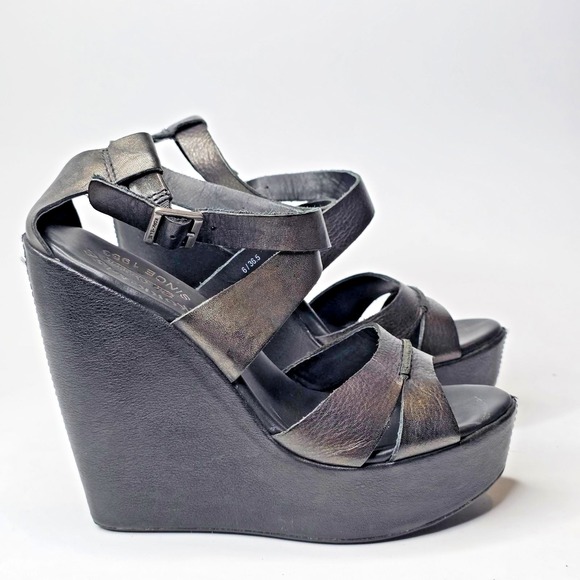 Kork Ease Shoes - Kork-Ease Gracen Sandals Women's 6 Metallic Black Leather Buckle Platform Wedge
